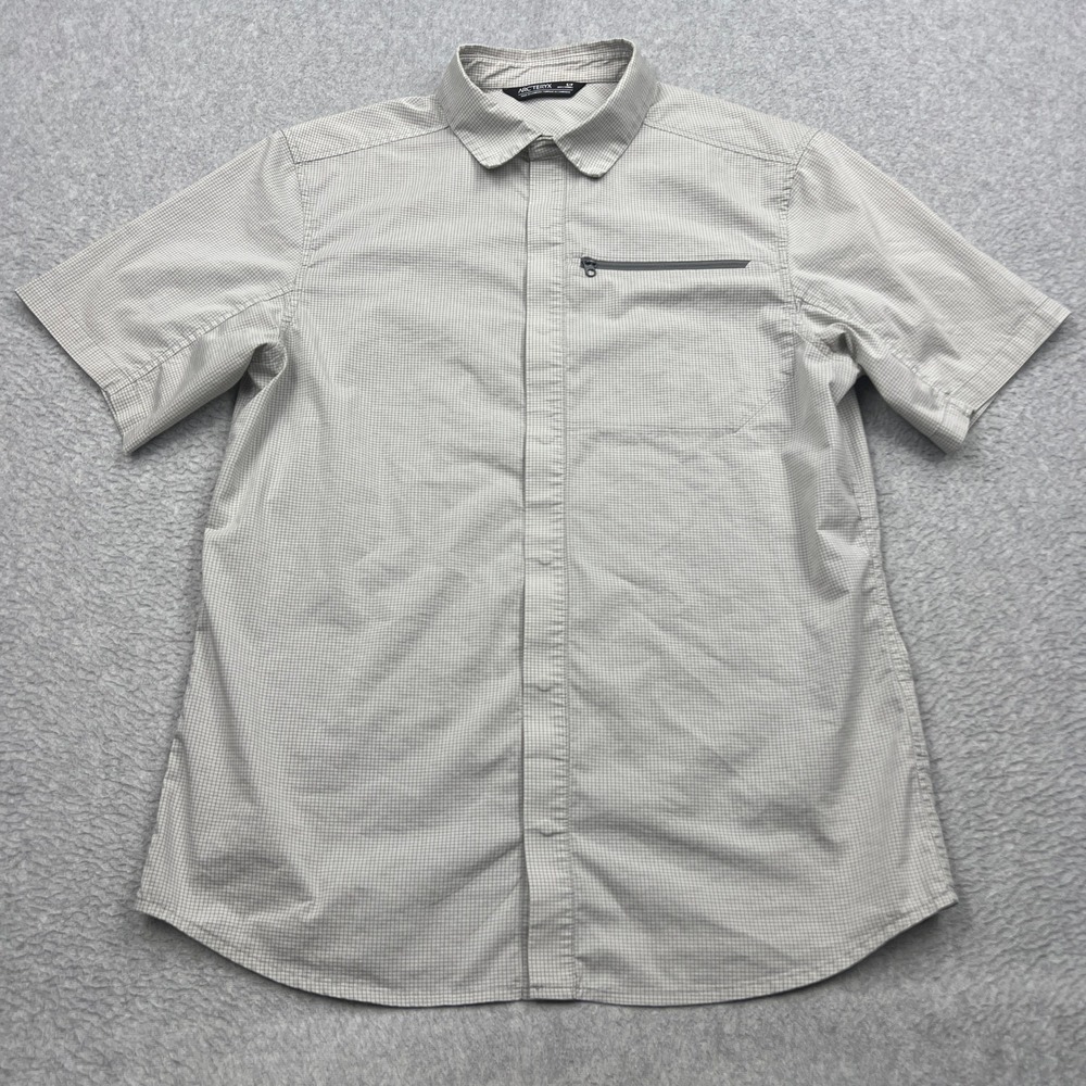 Arc'teryx Kaslo Shirt SS Mens Small Gray Check Zip Pocket Short Sleeve Button Up